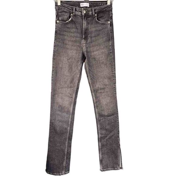 0229 ZARA High Rise Faded Black Gray Split Slit Jeans Size 6 26 - Picture 2 of 6